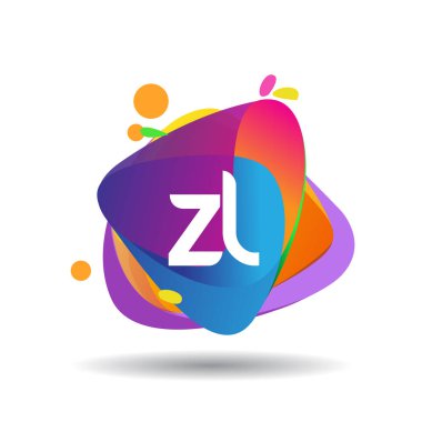 Renkli sıçrama arkaplanı olan ZL logosu, yaratıcı endüstri, web, iş ve şirket için harf kombinasyonu tasarımı.