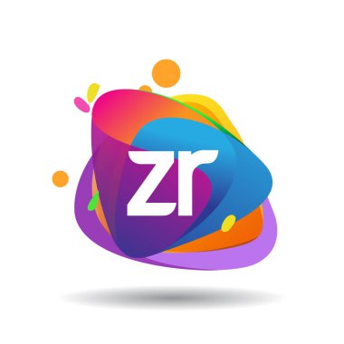Renkli sıçrama arkaplanlı ZR logosu, yaratıcı endüstri, web, iş ve şirket için harf kombinasyonu tasarımı.