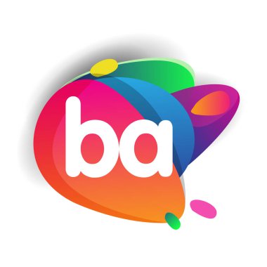 Renkli sıçrama geçmişi olan BA harfi logosu, yaratıcı endüstri, web, iş ve şirket için harf kombinasyonu tasarımı.