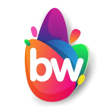 Renkli sıçrama arkaplanı olan BW harfi logosu, yaratıcı endüstri, web, iş ve şirket için harf kombinasyonu tasarımı.