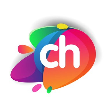 Renkli sıçrama arkaplanı olan CH harfi logosu, yaratıcı endüstri, web, iş ve şirket için harf kombinasyonu tasarımı.