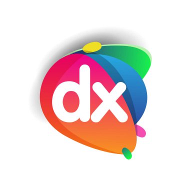 Renkli sıçrama arkaplanlı DX logosu, yaratıcı endüstri, web, iş ve şirket için harf kombinasyonu tasarımı.