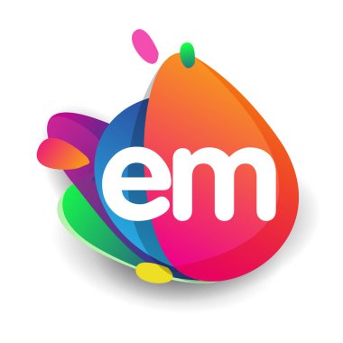 Renkli sıçrama arkaplanı olan EM logosu, yaratıcı endüstri, web, iş ve şirket için harf kombinasyonu tasarımı.