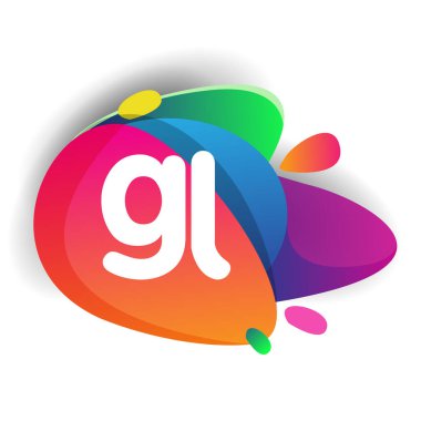 Renkli sıçrama arkaplanı olan GL logosu, yaratıcı endüstri, web, iş ve şirket için harf kombinasyonu tasarımı.