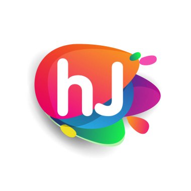 Renkli sıçrama arkaplanı olan HJ harfi logosu, yaratıcı endüstri, web, iş ve şirket için harf kombinasyonu tasarımı.