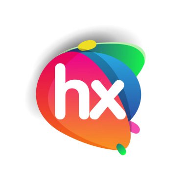 Renkli sıçrama arkaplanı olan HX harfi logosu, yaratıcı endüstri, web, iş ve şirket için harf kombinasyonu tasarımı.