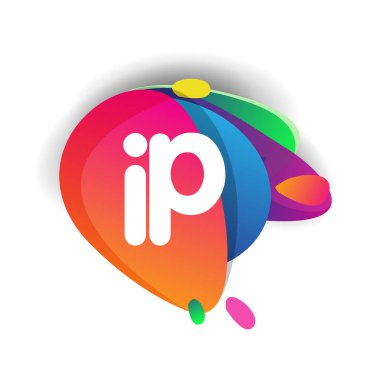 Renkli sıçrama geçmişi olan IP logosu, yaratıcı endüstri, web, iş ve şirket için harf kombinasyon logosu tasarımı.