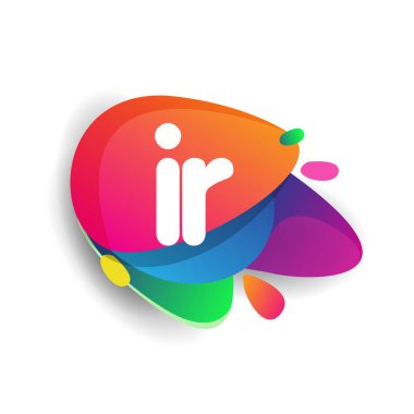 Renkli sıçrama arkaplanı olan IR harfi logosu, yaratıcı endüstri, web, iş ve şirket için harf kombinasyonu tasarımı.