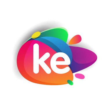 Renkli sıçrama arkaplanı olan KE harfi logosu, yaratıcı endüstri, web, iş ve şirket için harf kombinasyonu tasarımı.