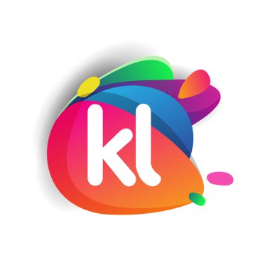Renkli sıçrama arkaplanı olan KL logosu, yaratıcı endüstri, web, iş ve şirket için harf kombinasyonu tasarımı.