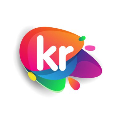 Renkli sıçrama arkaplanı olan KR logosu, yaratıcı endüstri, web, iş ve şirket için harf kombinasyonu tasarımı.