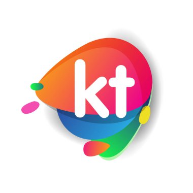 Renkli sıçrama arkaplanı olan KT logosu, yaratıcı endüstri, web, iş ve şirket için harf kombinasyonu tasarımı.