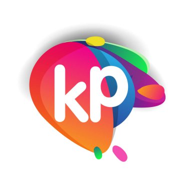 Renkli sıçrama arkaplanı olan KP logosu, yaratıcı endüstri, web, iş ve şirket için harf kombinasyonu tasarımı.