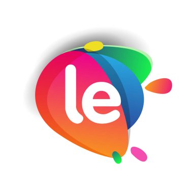 Renkli sıçrama arkaplanı olan LE logosu, yaratıcı endüstri, web, iş ve şirket için harf kombinasyonu tasarımı.