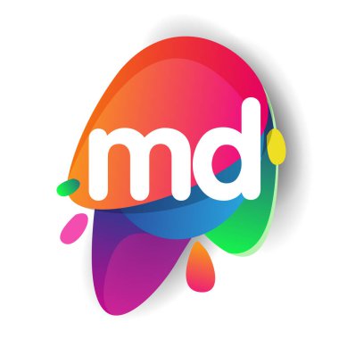 Renkli sıçrama arkaplanlı MD logosu, yaratıcı endüstri, web, iş ve şirket için harf kombinasyonu tasarımı.