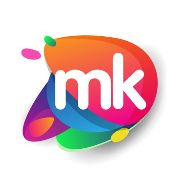 Renkli sıçrama arkaplanlı MK logosu, yaratıcı endüstri, web, iş ve şirket için harf kombinasyonu tasarımı.