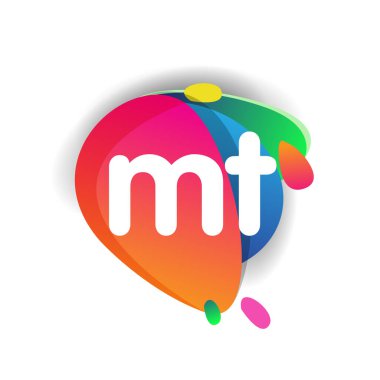 Renkli sıçrama arkaplanı olan MT logosu, yaratıcı endüstri, web, iş ve şirket için harf kombinasyonu tasarımı.