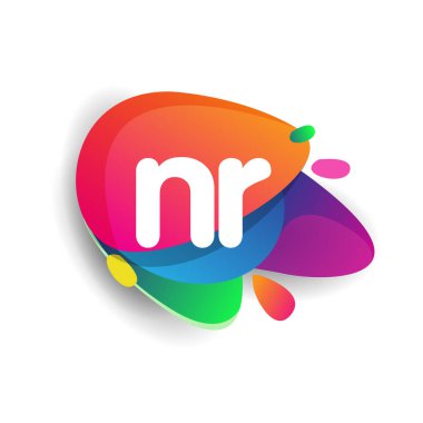 Renkli sıçrama geçmişi olan NR harfi logosu, yaratıcı endüstri, web, iş ve şirket için harf kombinasyonu tasarımı.