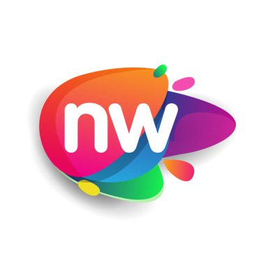 Renkli sıçrama arkaplanı olan NW harfi logosu, yaratıcı endüstri, web, iş ve şirket için harf kombinasyonu tasarımı.