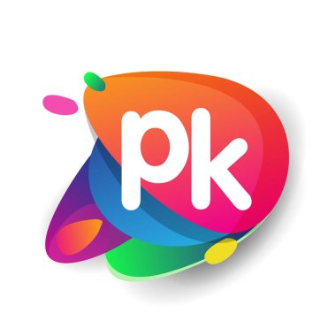 Renkli sıçrama arkaplanı olan PK logosu, yaratıcı endüstri, web, iş ve şirket için harf kombinasyonu tasarımı.