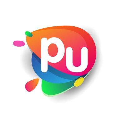 Renkli sıçrama geçmişi olan PU logosu, yaratıcı endüstri, web, iş ve şirket için harf kombinasyonu tasarımı.