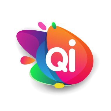 Renkli sıçrama arkaplanı olan QI harfi logosu, yaratıcı endüstri, web, iş ve şirket için harf kombinasyonu tasarımı.