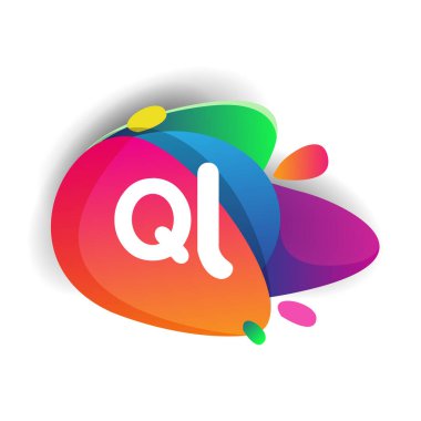 Renkli sıçrama arkaplanı olan QL logosu, yaratıcı endüstri, web, iş ve şirket için harf kombinasyonu tasarımı.