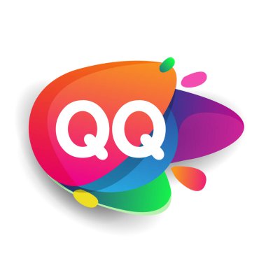 Renkli sıçrama arkaplanı olan QQ harfi logosu, yaratıcı endüstri, web, iş ve şirket için harf kombinasyonu tasarımı.
