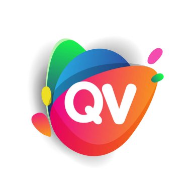 Renkli sıçrama arkaplanı olan QV logosu, yaratıcı endüstri, web, iş ve şirket için harf kombinasyonu tasarımı.