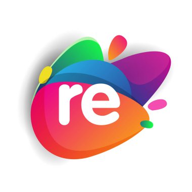 Renkli sıçrama arkaplanı olan RE harfi logosu, yaratıcı endüstri, web, iş ve şirket için harf kombinasyonu tasarımı.