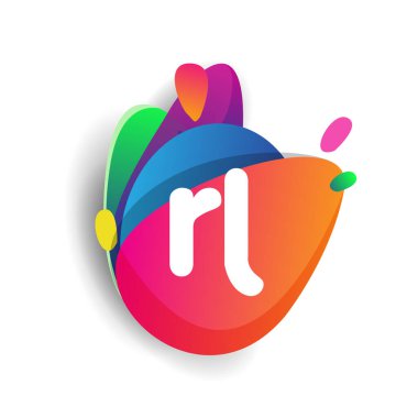 Renkli sıçrama arkaplanı olan harf RL logosu, yaratıcı endüstri, web, iş ve şirket için harf kombinasyonu tasarımı.