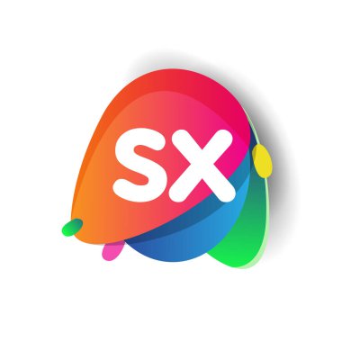 Renkli sıçrama arkaplanı olan SX logosu, yaratıcı endüstri, web, iş ve şirket için harf kombinasyonu tasarımı.