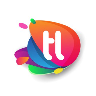 Renkli sıçrama arkaplanı olan harf TL logosu, yaratıcı endüstri, web, iş ve şirket için harf kombinasyonu tasarımı.