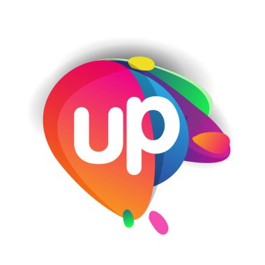 Renkli sıçrama arkaplanı olan UP harfi logosu, yaratıcı endüstri, web, iş ve şirket için harf kombinasyonu tasarımı.
