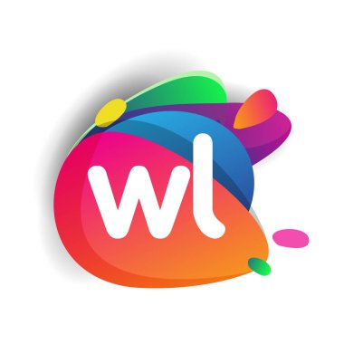 Renkli sıçrama arkaplanlı WL logosu, yaratıcı endüstri, web, iş ve şirket için harf kombinasyonu tasarımı.