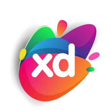 Renkli sıçrama arkaplanı olan XD logosu, yaratıcı endüstri, web, iş ve şirket için harf kombinasyonu tasarımı.