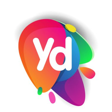 Renkli sıçrama arkaplanı olan YD logosu, yaratıcı endüstri, web, iş ve şirket için harf kombinasyonu tasarımı.