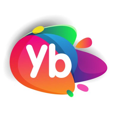 Renkli sıçrama arkaplanı olan YB logosu, yaratıcı endüstri, web, iş ve şirket için harf kombinasyonu tasarımı.