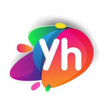 Renkli sıçrama arkaplanı olan YH logosu, yaratıcı endüstri, web, iş ve şirket için harf kombinasyonu tasarımı.