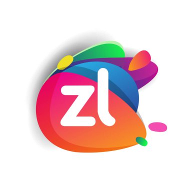 Renkli sıçrama arkaplanı olan ZL logosu, yaratıcı endüstri, web, iş ve şirket için harf kombinasyonu tasarımı.
