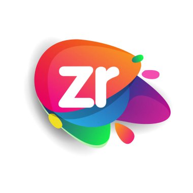 Renkli sıçrama arkaplanlı ZR logosu, yaratıcı endüstri, web, iş ve şirket için harf kombinasyonu tasarımı.