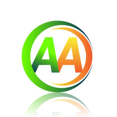 İlk harf logosu AA şirketi yeşil ve turuncu renkli daire ve swoosh tasarımlı. İş ve şirket kimliği için vektör logosu.