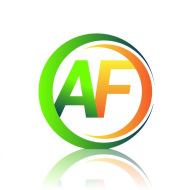 İlk harf logosu AF şirketi yeşil ve turuncu renkli daire ve swoosh tasarımlı. İş ve şirket kimliği için vektör logosu.