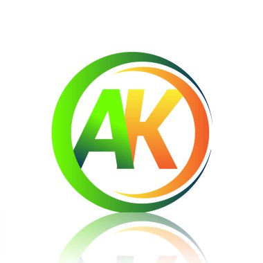 Kalaşnikof firmasının yeşil ve turuncu renkli ilk harf logosu daire ve swoosh tasarımlı. İş ve şirket kimliği için vektör logosu.