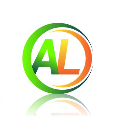 İlk harf AL logosu daire ve swoosh tasarımında yeşil ve turuncu renkli. İş ve şirket kimliği için vektör logosu.