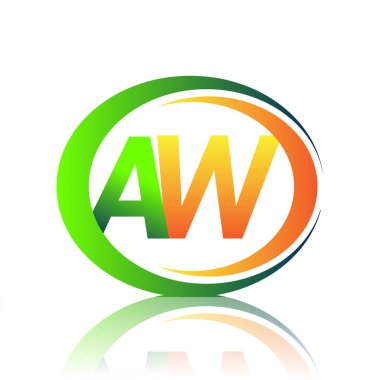 İlk harf logosu AW şirketi yeşil ve turuncu renkli daire ve swoosh tasarımlı. İş ve şirket kimliği için vektör logosu.