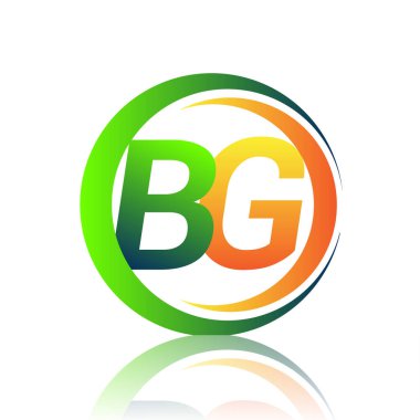 İlk harf logosu BG şirketi daire ve swoosh tasarımında yeşil ve turuncu renkli. İş ve şirket kimliği için vektör logosu.