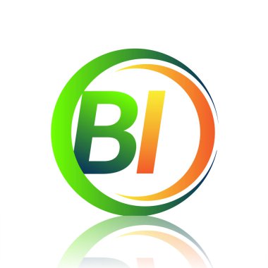 İlk harf logosu BI şirketinin adı yeşil ve turuncu renkli daire ve swoosh tasarımı. İş ve şirket kimliği için vektör logosu.
