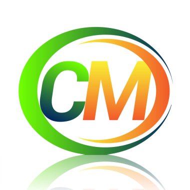 İlk harf logosu CM şirketi yeşil ve turuncu renkli daire ve swoosh tasarımlı. İş ve şirket kimliği için vektör logosu.
