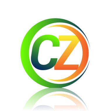 İlk harf logosu CZ şirketi daire ve swoosh tasarımında yeşil ve turuncu renkli. İş ve şirket kimliği için vektör logosu.